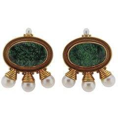 Elizabeth Gage Pearl Green Gemstone Gold Earrings 8
