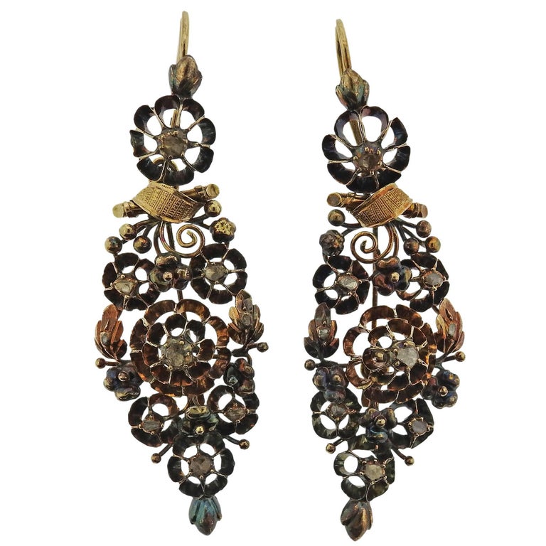Antique Spanish Rose Cut Diamond Gold Earrings at 1stDibs