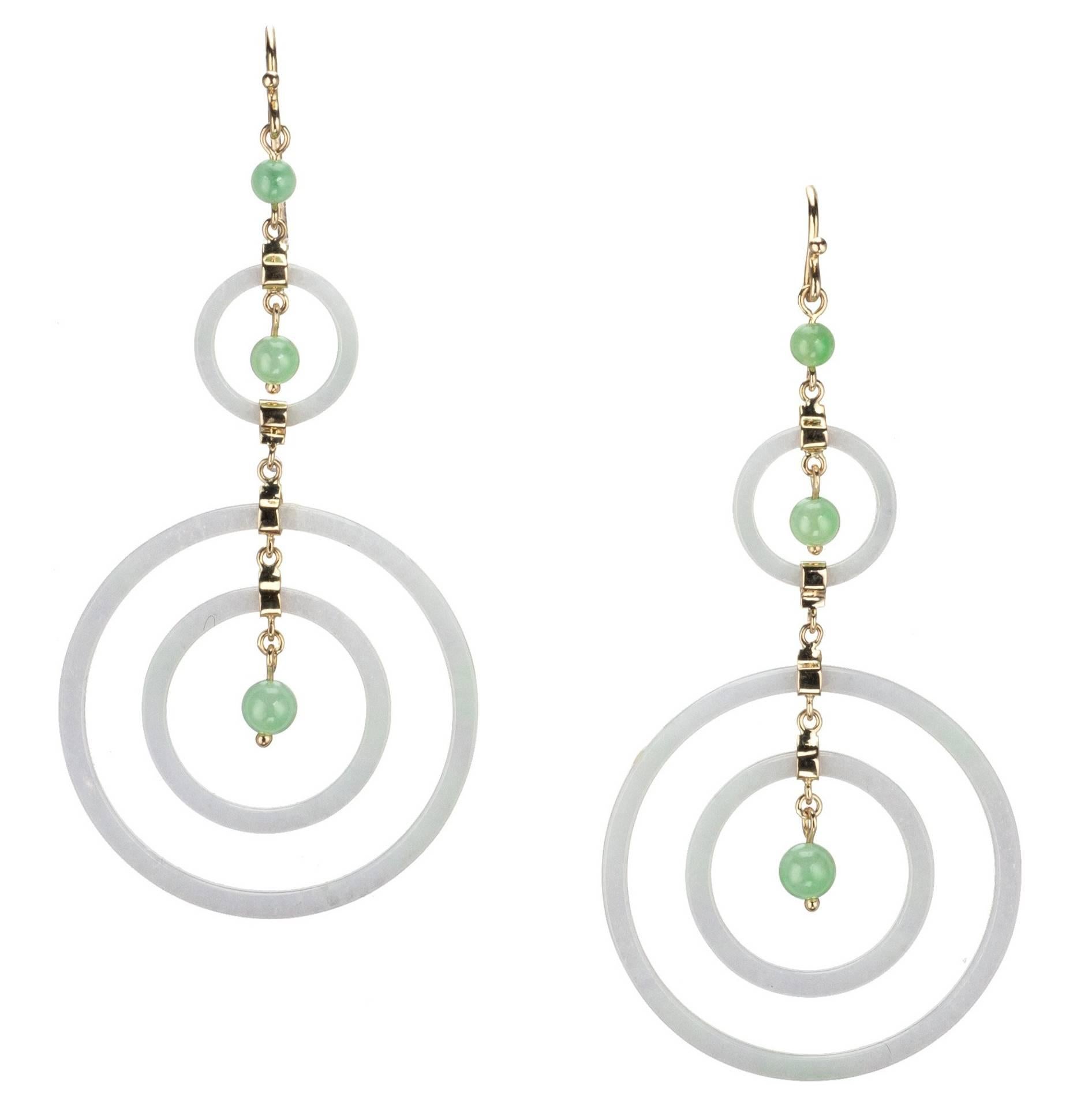 White and Green Jadeite Drop Earrings in 18 Karat Yellow Gold For Sale