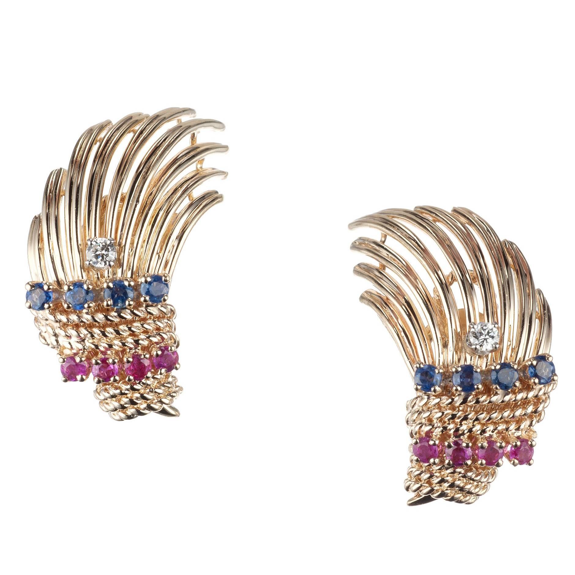 Palm Frond Sapphire and Ruby Earrings in 14 Karat Yellow Gold