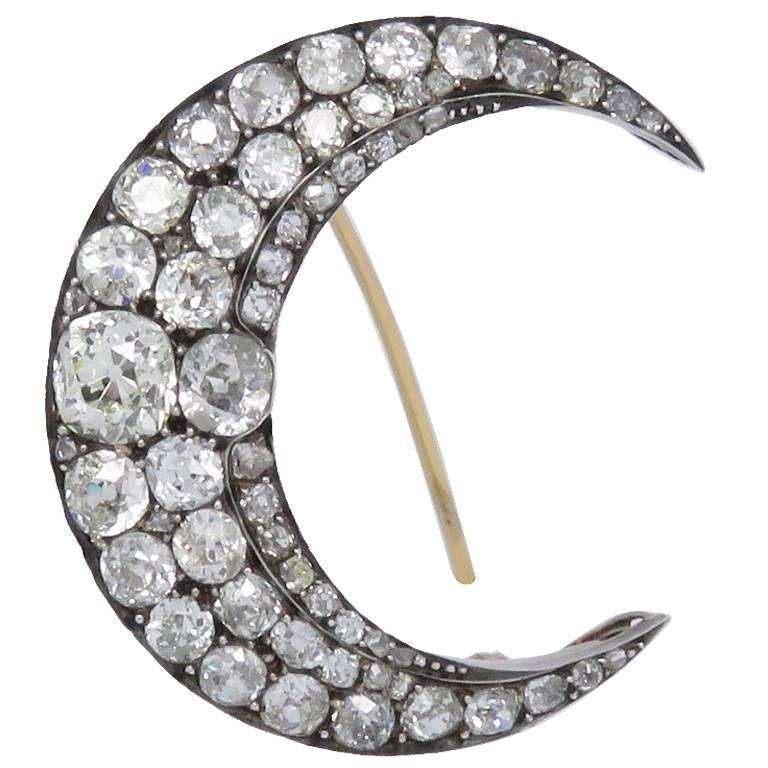 Antique Old Cut Diamond Gold Silver Crescent Brooch