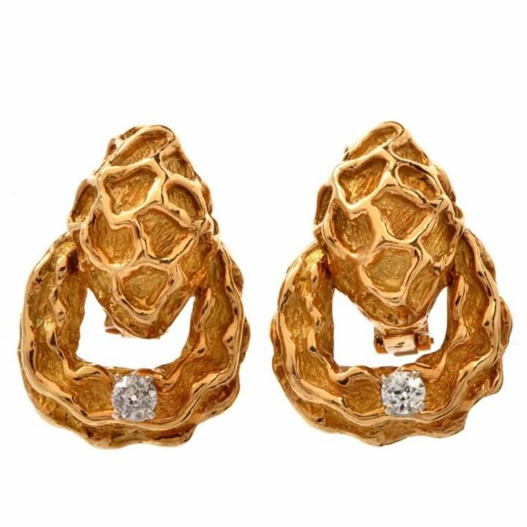 1970s French Door Knob Diamond Gold Clip-On Earrings