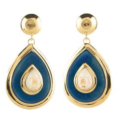 Gold Blue Nut Ivory Drop Earrings