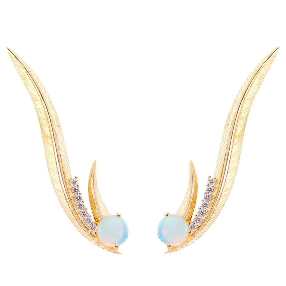 Daou Art Nouveau Style Phoenix Feather Earrings in Opal, Diamond, Gold  For Sale