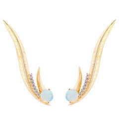 Daou Art Nouveau Style Phoenix Feather Earrings in Opal, Diamond, Gold 