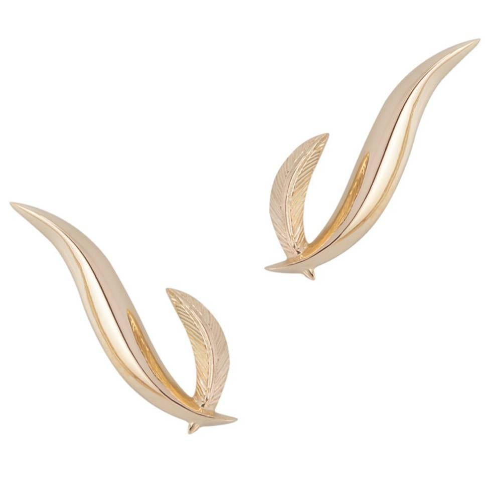 Daou Art Nouveau Yellow Gold Style Feather Stud Earrings 
