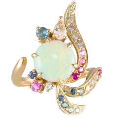 Daou Phoenix Ring, Art Nouveau Style in Opal, Diamonds, Gemstones and Gold