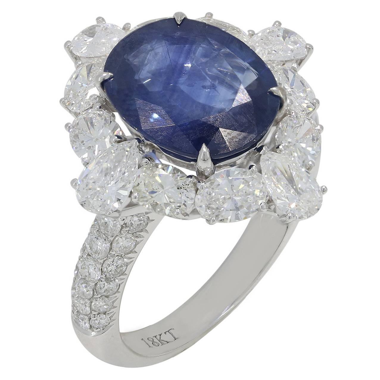 Blue Sapphire Pear and Oval Cut Diamond Ring For Sale