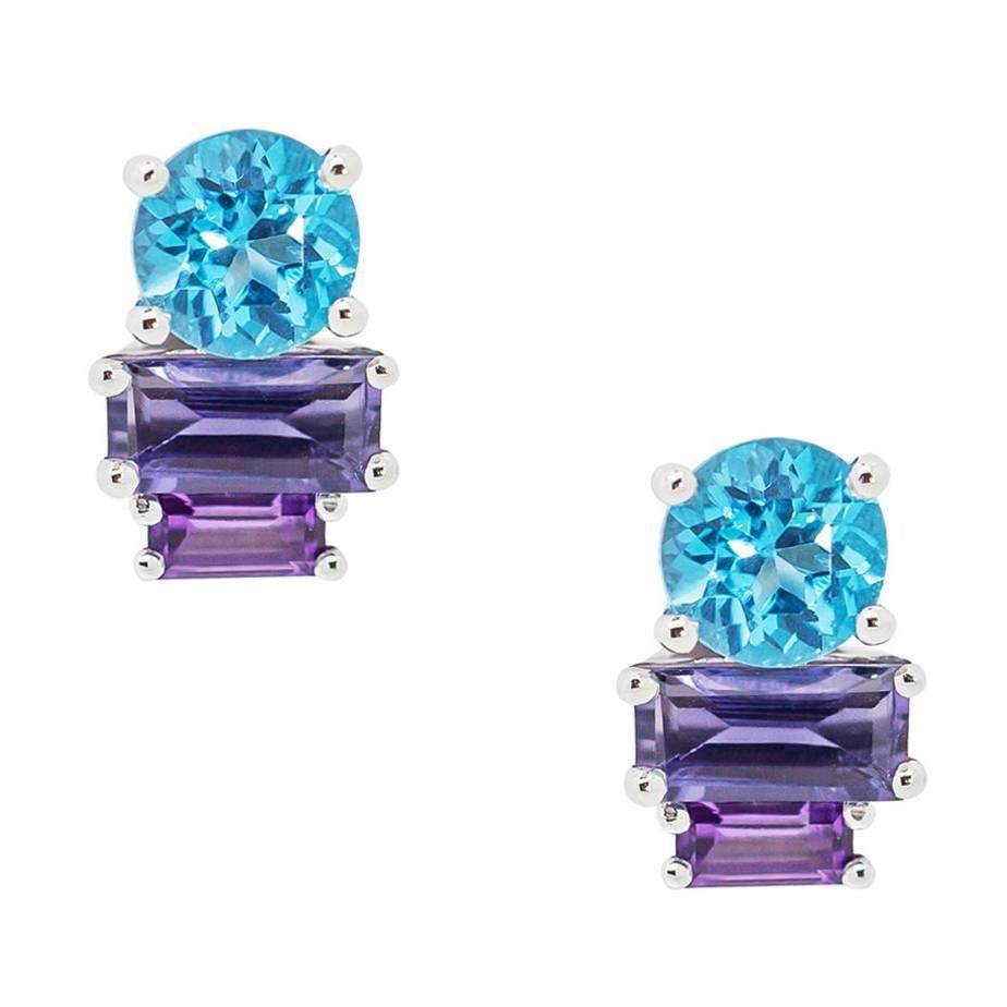 Daou Gemstone Earrings Blue Art Deco , White Gold, Topaz, Amethyst, Iolite  For Sale