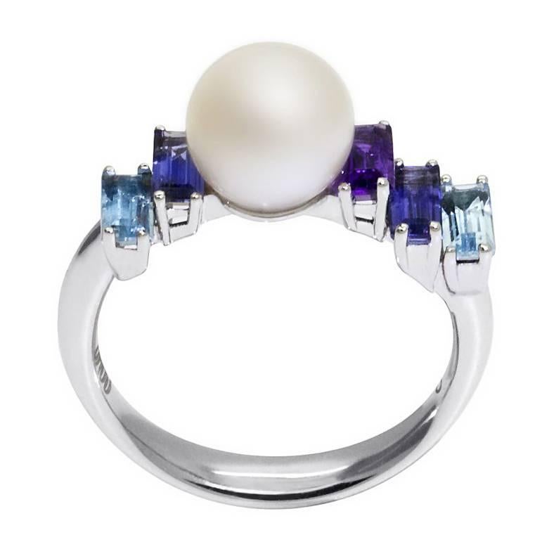 Daou Pearl Ring Modern Art Deco Style White Gold, Pearl, Amethyst, Topaz, Iolite
