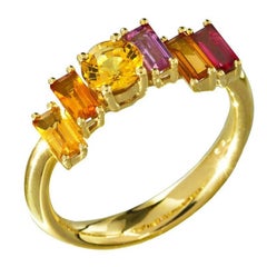 Daou Golden Light Sunset Sunrise Ring, Sapphire, Citrine, Tourmaline and Gold