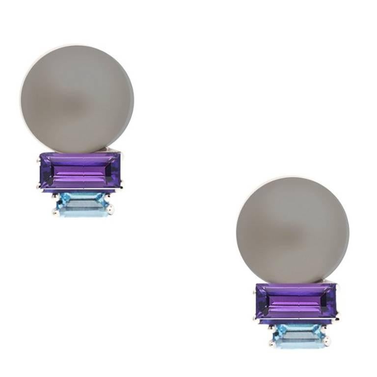 Daou Silver Pearl Sunset Sunrise Earrings, Pearl, Amethyst, Topaz, White Gold For Sale
