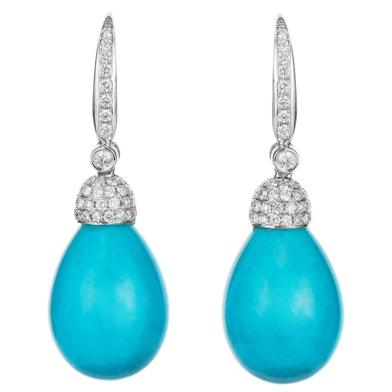 Vibrant Blue Arizona Turquoise and Diamond Drop Earrings For Sale