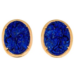 Large 1980s Gold Carved Lapis Lazuli Pierced Earrings