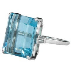 Emerald Cut Aquamarine and Diamond Platinum Ring