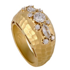 David Shul Diamond Cluster Hammered Yellow Gold Band Ring
