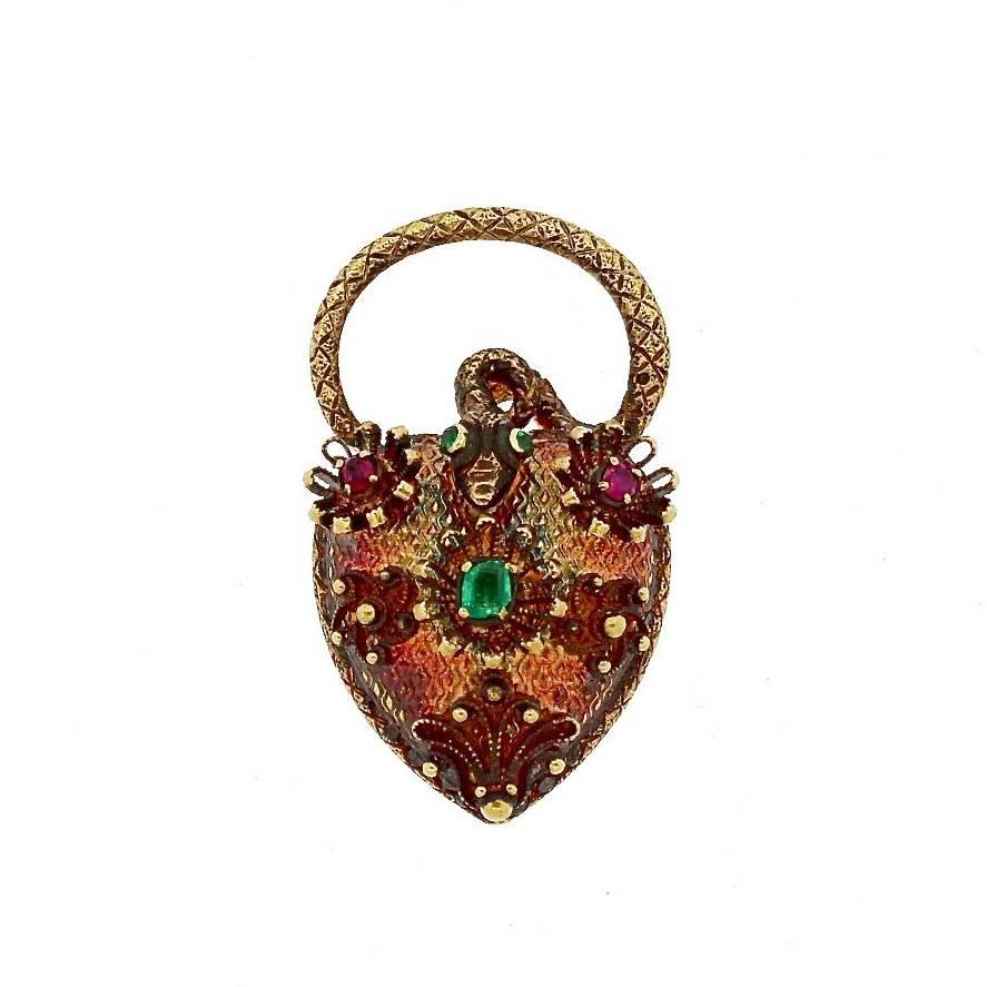 Early Antique Victorian Emerald Ruby Gold Heart Padlock Locket