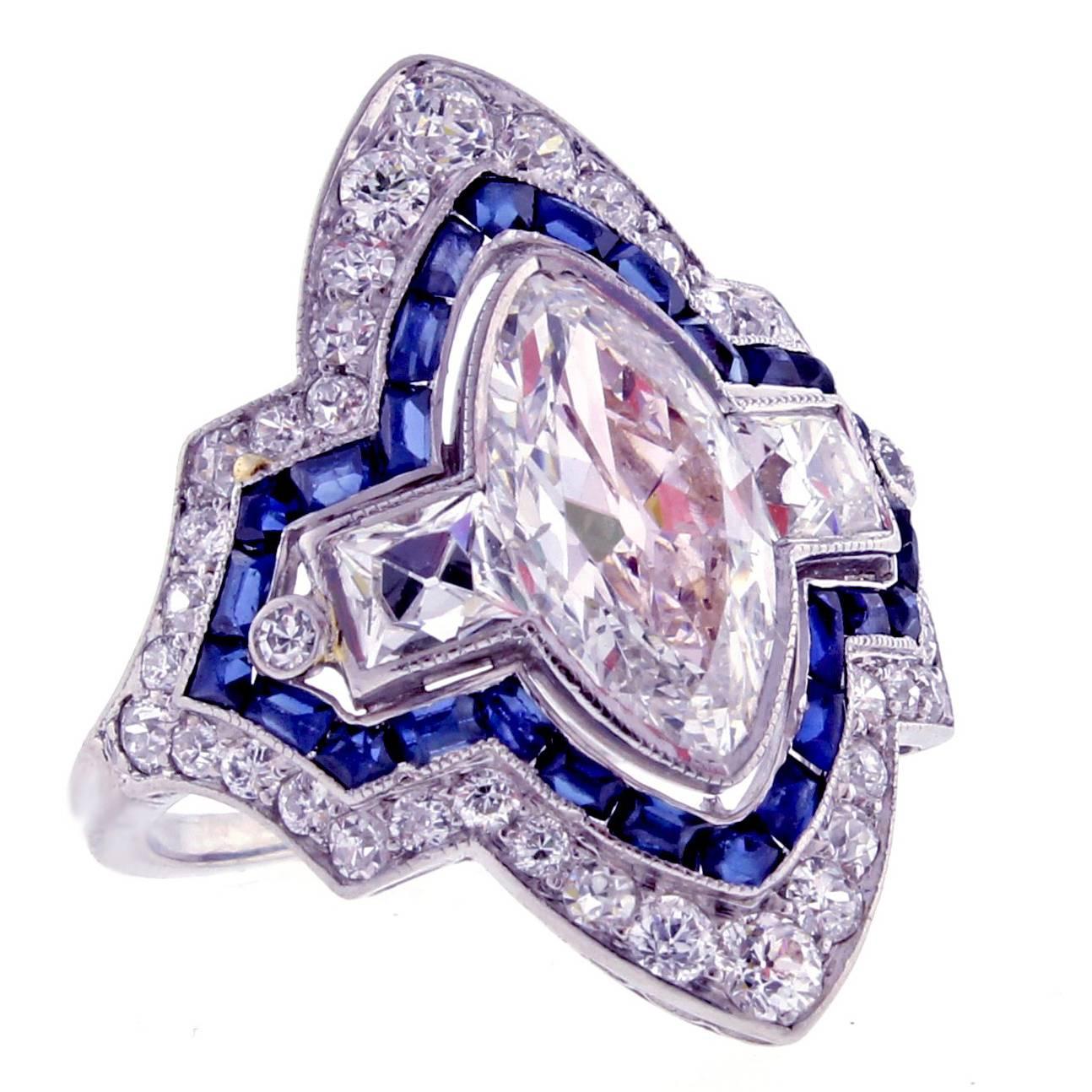 Art Deco Marquise Diamond and Sapphire Ring