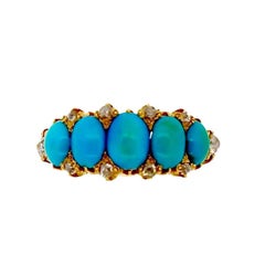 Late Victorian Antique Turquoise and Diamond Gold Half Hoop Ring 1