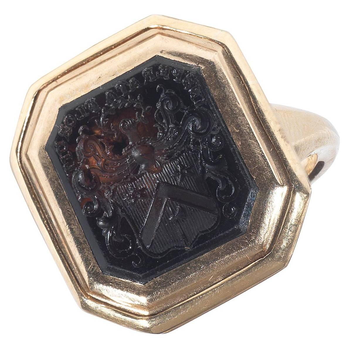 1830s Georgian Smokey Quartz Crest Intaglio Ring