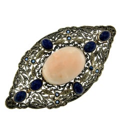 Antique Victorian Coral Lapis Lazuli Gold Silver Brooch