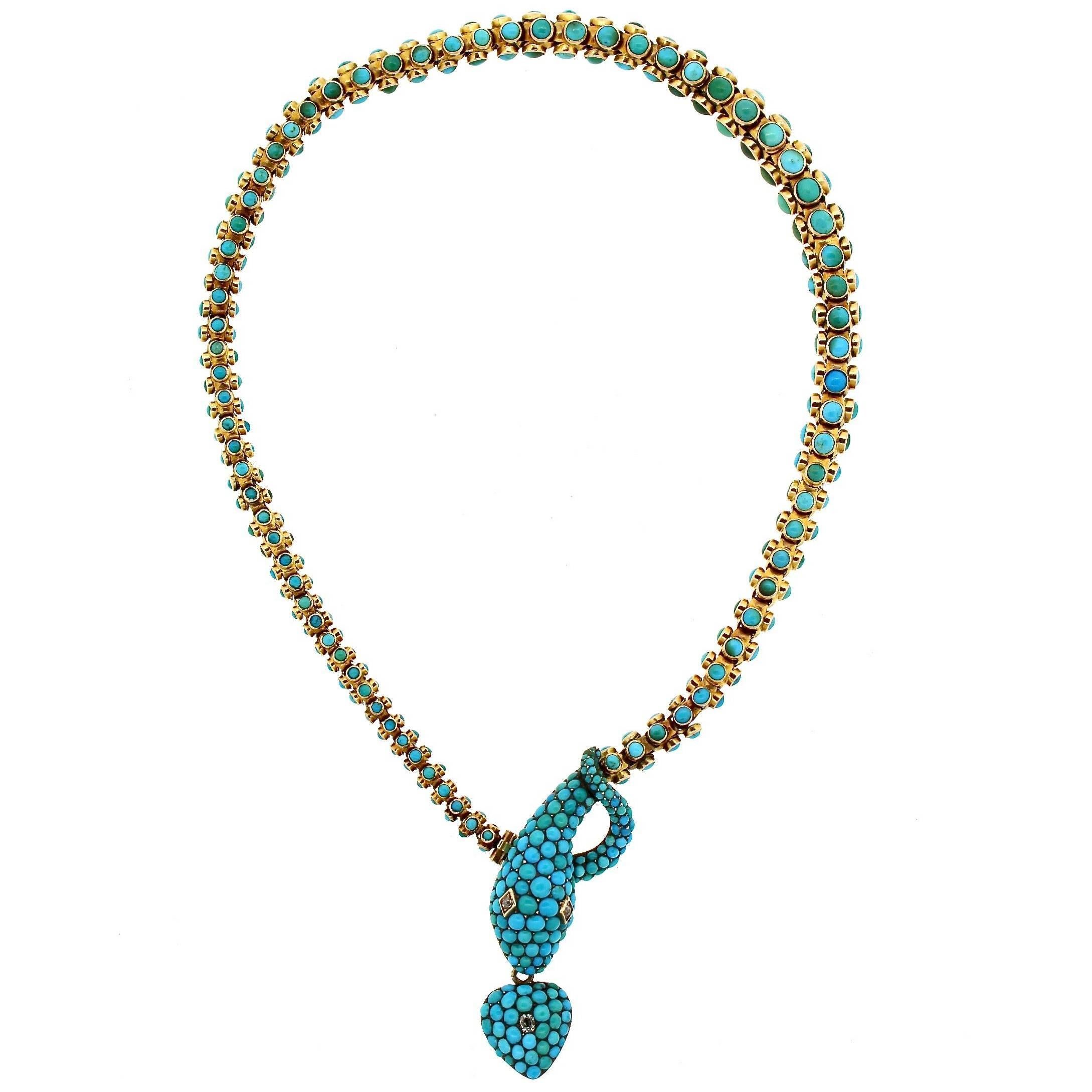 Antique Victorian Turquoise and Diamond Snake Necklace 