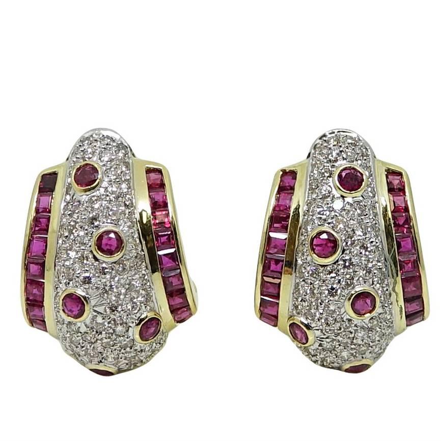 3.24 Carat Diamond and 3.80 Carat Ruby Yellow and White Gold Earrings For Sale
