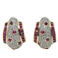 3.24 Carat Diamond and 3.80 Carat Ruby Yellow and White Gold Earrings