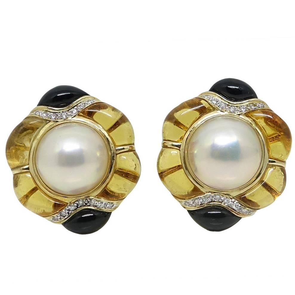 Mabe Pearls, Topaz, Onyx and Diamonds Yellow Gold Earrings For Sale