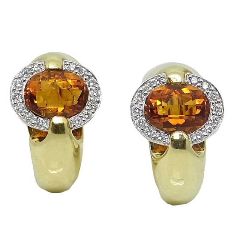 Diamond and Topaz Omega Back Yellow Gold Earrings For Sale