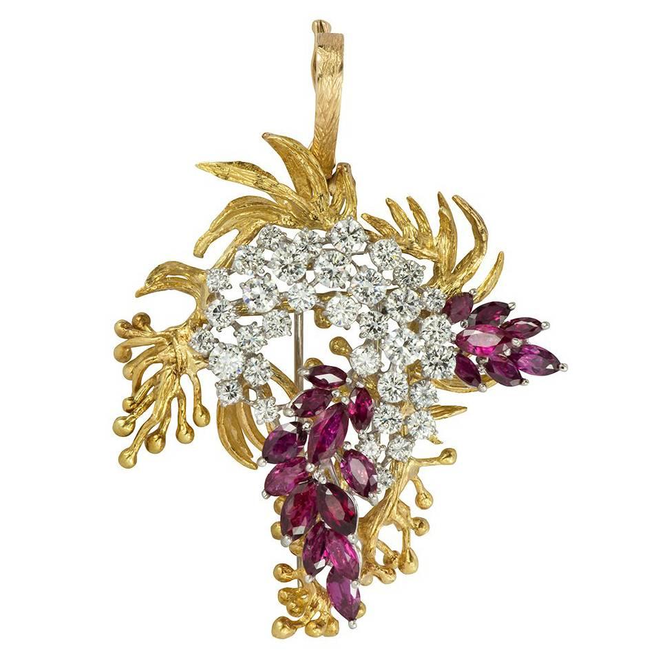 Diamond and Ruby Yellow Gold and Platinum Pendant and Brooch