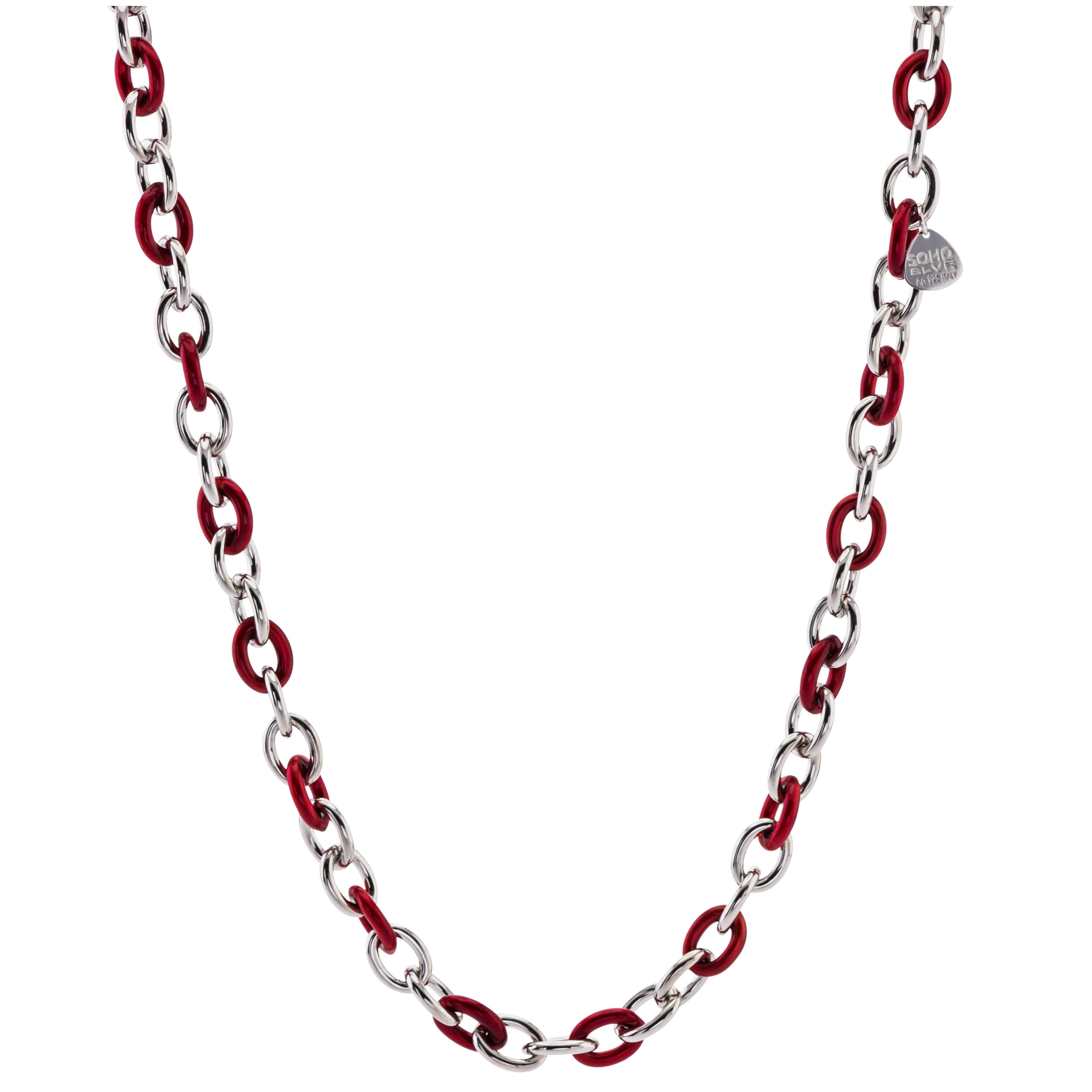 Italian Sterling Silver and Red Enamel Soho Link Necklace