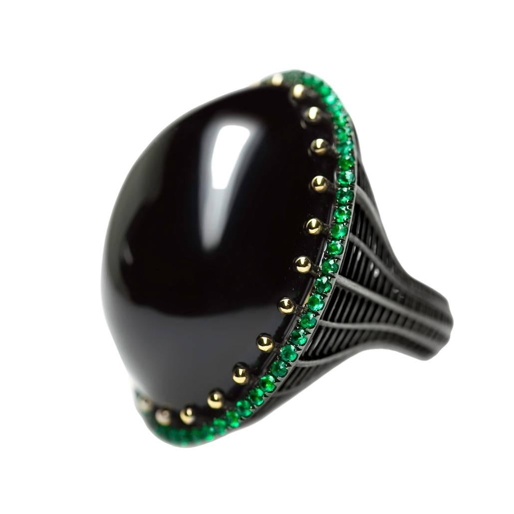 Black Agate Cabochon Emerald Pavé Ring  For Sale