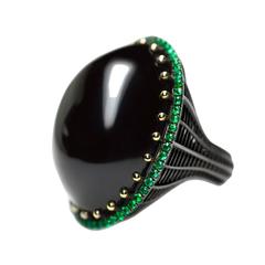 Black Agate Cabochon Emerald Pavé Ring 