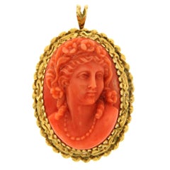 Coral Cameo Gold Pin Pendant