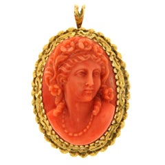 Coral Cameo Gold Pin Pendant