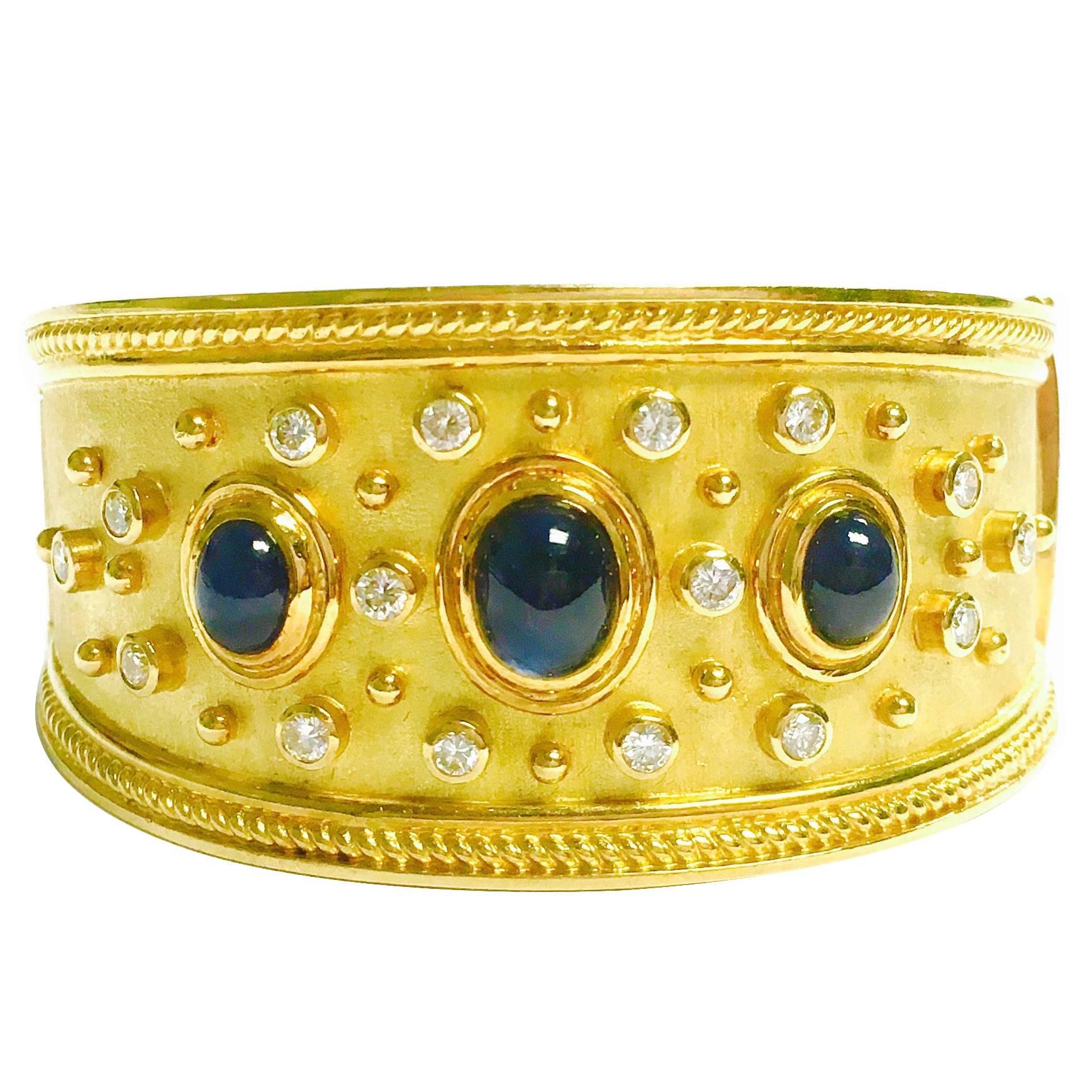 Etruscan Style Large Sapphire and Diamond Bangle Bracelet