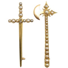 Antique Pair of Victorian Pearl-Set Brooches; Battle-Axe and Longsword