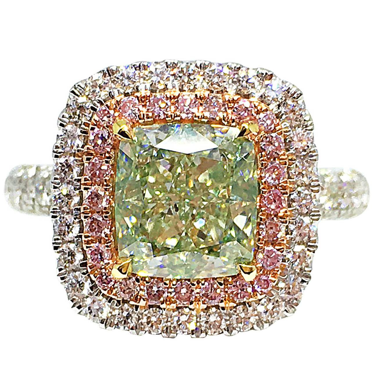GILIN GIA Certified Fancy Light Yellow-Green 2.12 Carat Diamond Engagement Ring
