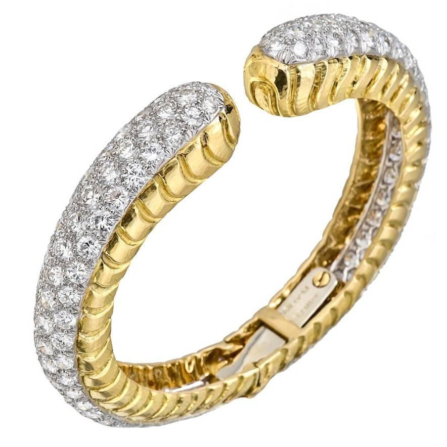 David Webb Diamond Gold Hinged Cuff Bracelet
