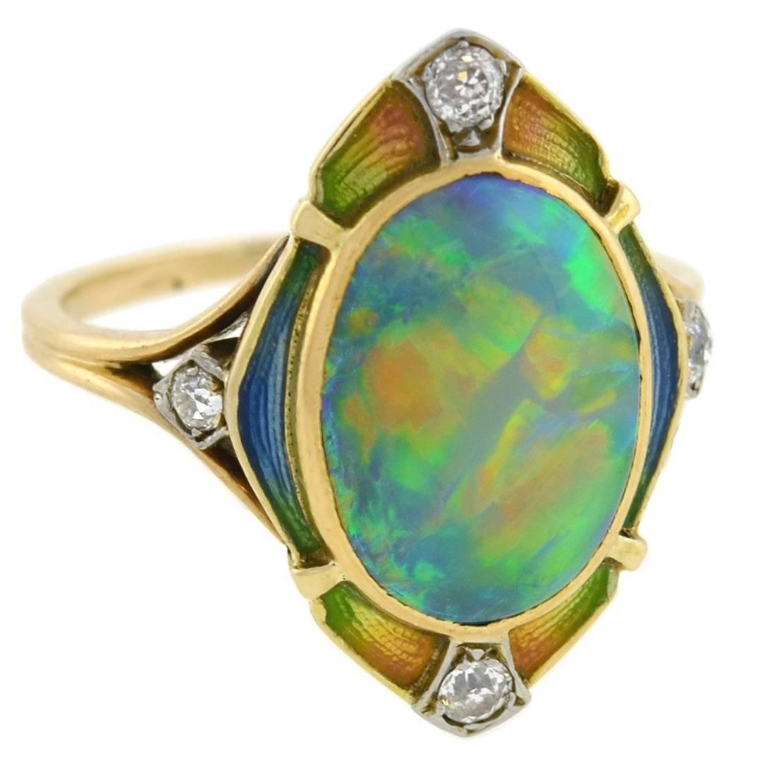 Art Nouveau Black Opal Diamond Enameled Ring