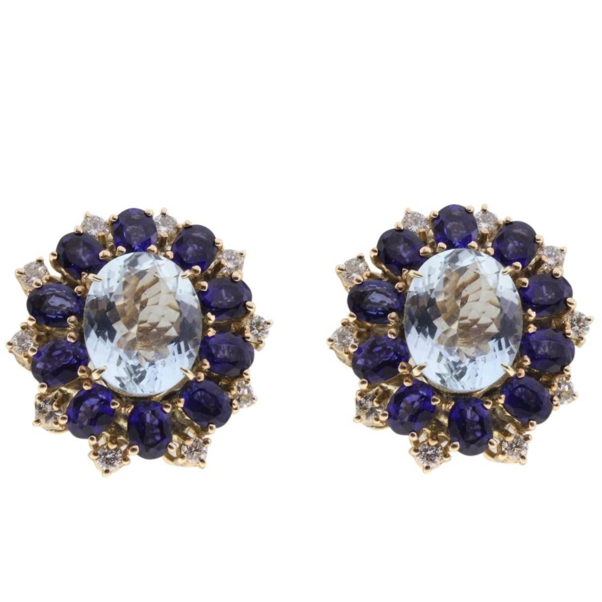 Gold Stud Earrings with Diamonds, Sapphire and Aquamarine