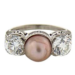 Art Deco Pearl Diamond Platinum Past Present and Future Ring 9