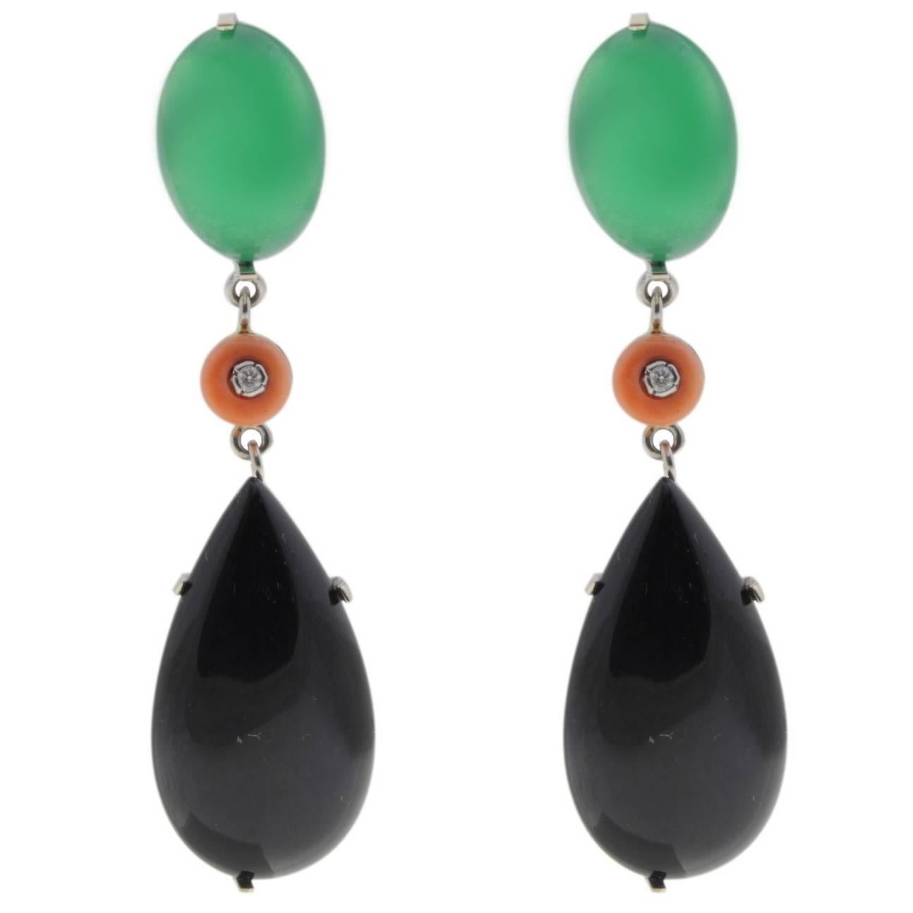 Diamonds, Green Agate, Onyx Drops, Red Coral Rings, Gold Clip-on Drop Earrings