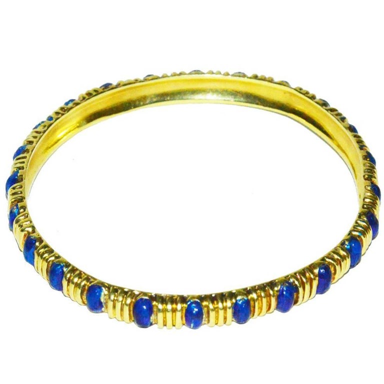Classic Tiffany and Co. Gold and Blue Enamel Bangle Bracelet For Sale