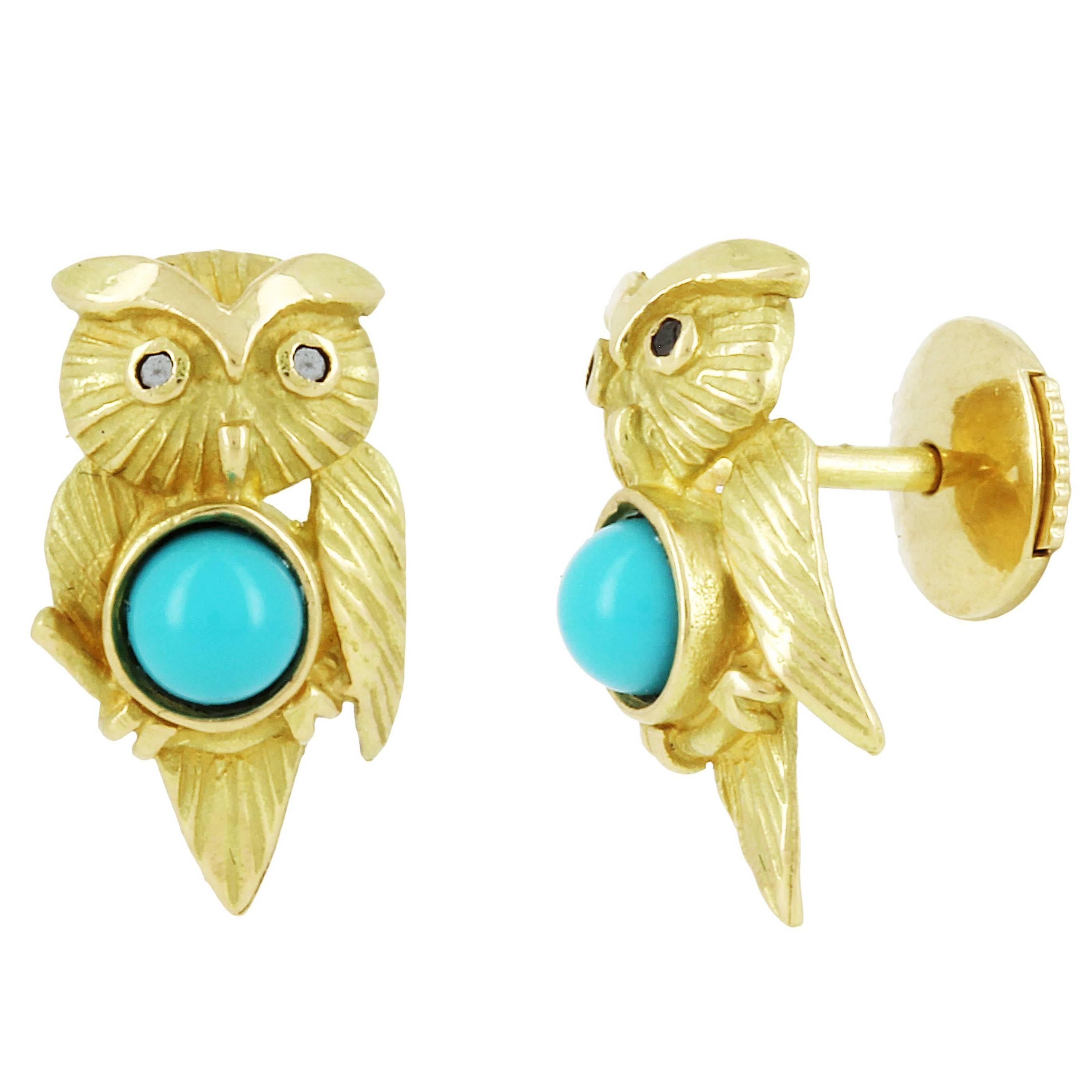 Yvonne Leon Contemporary 18 Karat Owl Earring with Turquoise and Diamonds