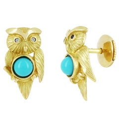 Yvonne Leon Contemporary 18 Karat Owl Earring with Turquoise and Diamonds 5