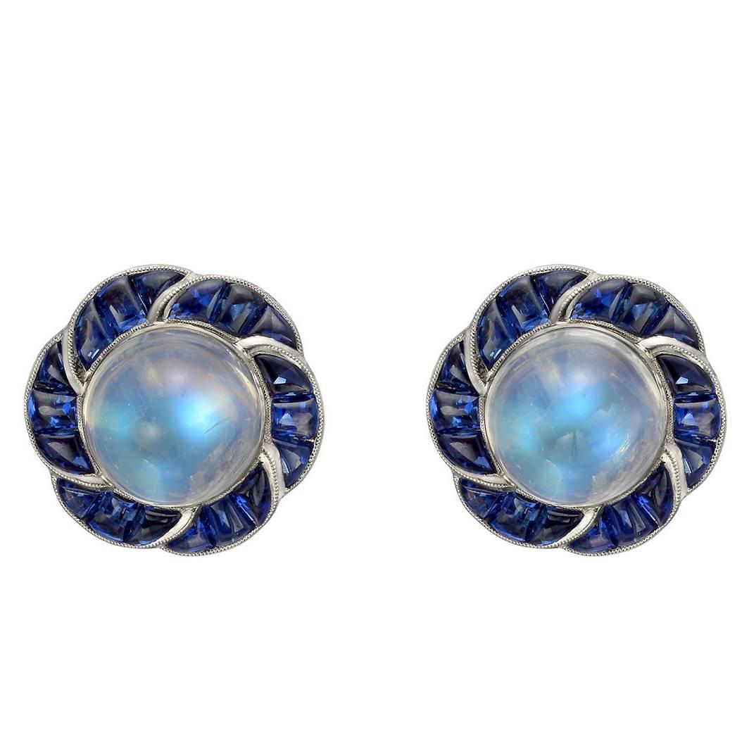 Moonstone Sapphire Cluster Flower Earrings