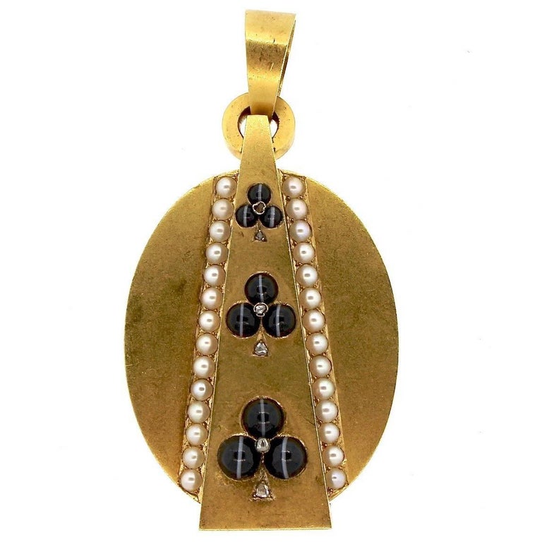 Antique Victorian Gold Agate Pearl Diamond Locket Pendant For Sale at