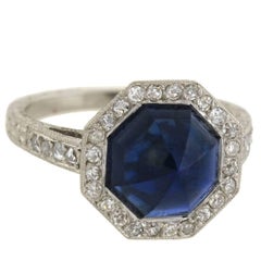 Art Deco 2.25 Carat Octagonal Cabochon Cut Sapphire Diamond Ring